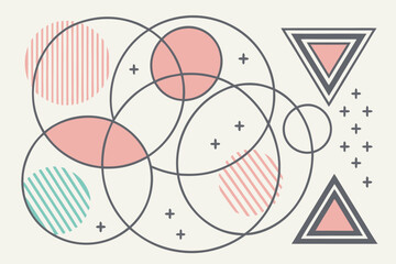 Abstract minimal composition of pastel colored circles, lines, triangles and grid shapes – modern and elegant background set.
