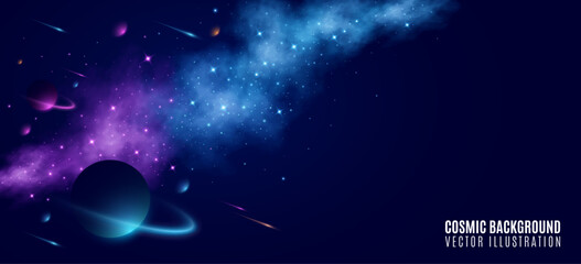 Colorful cosmic background with glowing stars, falling meteors, nebula clouds and abstract planets in deep space. Futuristic outer space scene for sci-fi, astronomy, or galaxy design. Vector.