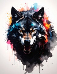 An aggressive black and grey wolf with an open mouth and sharp teeth, surrounded by a vibrant, chaotic watercolor splash of orange, blue, and red.