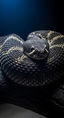Obraz premium Detailed Scales of a Coiled Snake Ready to Strike, The Beauty and Danger of a Snake's Coiled Form in Dramatic Lighting