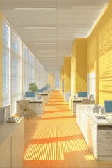 Sunny office hallway,  light-filled workspace