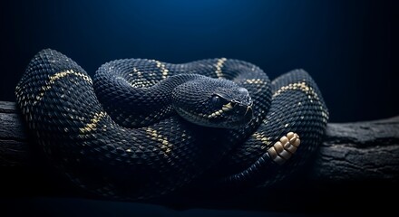 Obraz premium Majestic Black Rattlesnake Coiled on a Branch with Captivating Gaze, A Striking Portrait of a Dark Phase Diamondback Rattlesnake in Detailed Studio Lighting