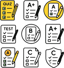 quiz and test icon pack with grades check marks and pencils in minimal flat style
