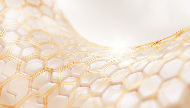 Epidermis skin layer with gold liquid hexagon oil pattern. Cosmetic skincare background with honeycomb geometric cell texture. Serum, retinol vitamin, elastin collagen moisture cream. 3D illustration
