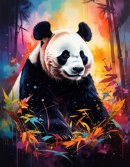 An artistic watercolor portrait of a peaceful panda bear sitting amongst green bamboo stalks and leaves. The background features soft, blended splashes of blue, green, and yellow.