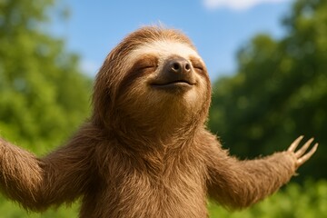 Fototapeta premium Sloth taking a deep breath in nature with peaceful expression