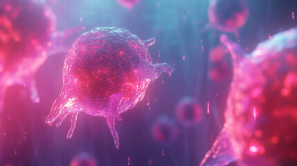 Microscopic view of glowing pink and purple biological cells in a vibrant abstract science background