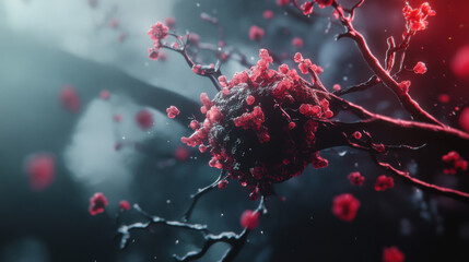 Close up of a blooming cherry blossom branch with falling petals