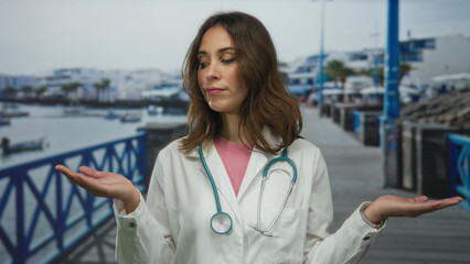 Hispanic woman doctor with stethoscope stands outdoors by the seaside promenade, analyzing...