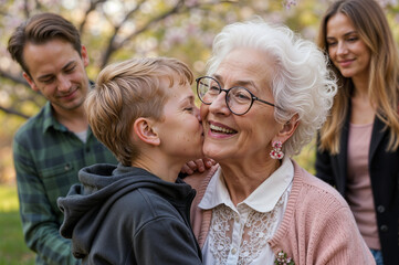 Fototapeta premium A young boy affectionately kisses his smiling grandmother during a family outing in a park. Two adults stand behind them, sharing in the joyful moment among blooming cherry trees.