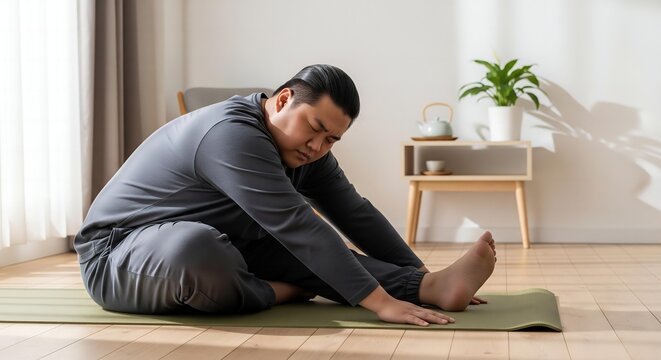 A plus-size Asian man, with his eyes closed in deep focus, performing a seated stretching pose on a yoga mat in his minimalist apartment.