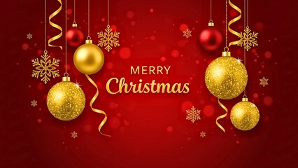 Elegant Merry Christmas greeting with golden baubles and festive snowflakes on a sparkling red abstract bokeh background.
