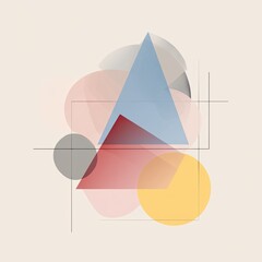 Abstract geometric composition of overlapping shapes in muted pastel colors with overlaid grid lines