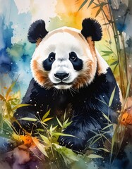 An artistic watercolor portrait of a peaceful panda bear sitting amongst green bamboo stalks and leaves. The background features soft, blended splashes of blue, green, and yellow.