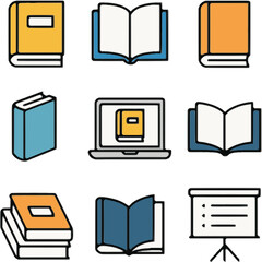 educational icon set with books laptop and presentation board in minimal design
