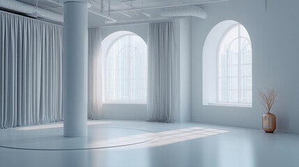 Light-filled, minimalist interior.  Large windows, pale curtains, and a central column