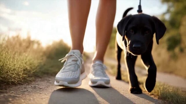 The running shoes and legs of an athlete, with their dog walking beside them in nature