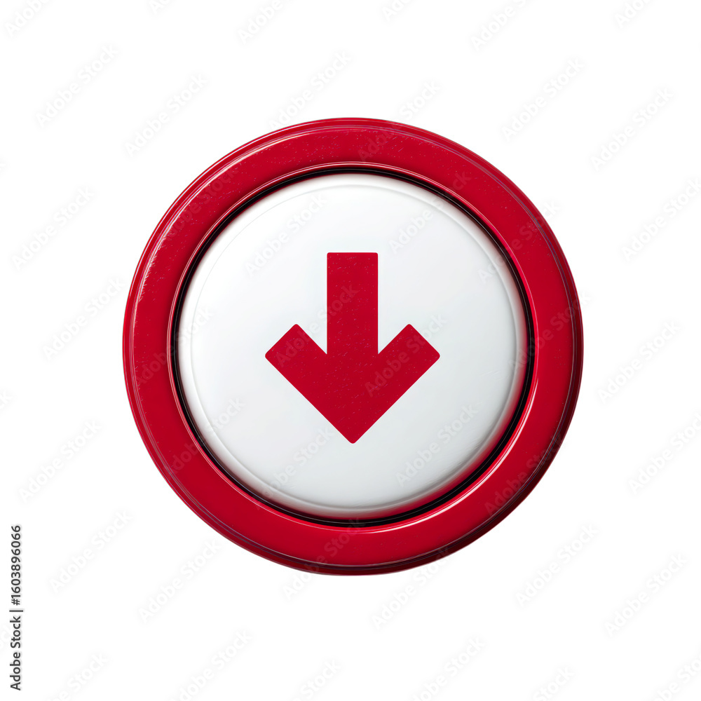 Poster a bold red circular button featuring a white downward arrow. this design signifies action and is com