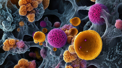 Microscopic view of colorful cells and structures on a dark background