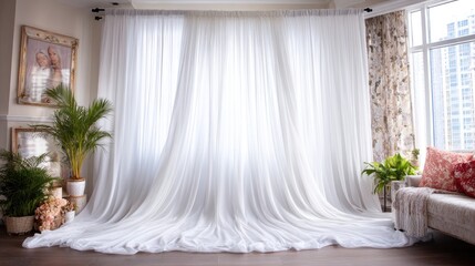 White sheer curtains fill a room, natural light streams through