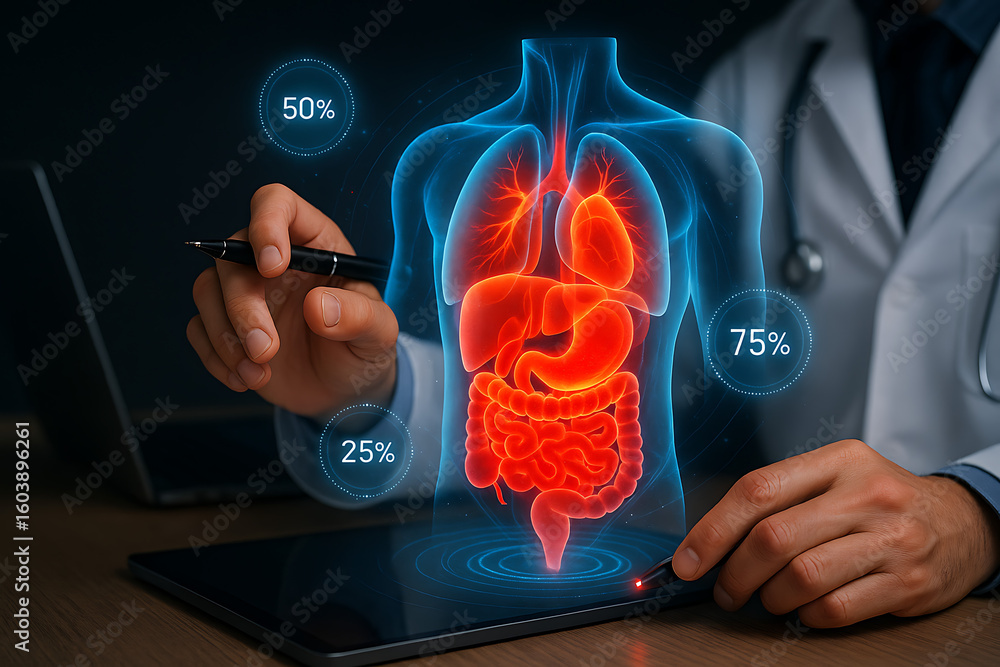 Poster advanced medical diagnostics showing human digestive system with organs highlighted using digital te