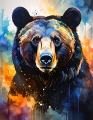 An artistic, peaceful portrait of a black bear, its face and fur rendered with soft watercolor splashes in shades of blue, orange, and brown. The background features a gentle, abstract wash of color.