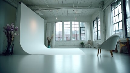Bright, spacious studio with sweeping white backdrop