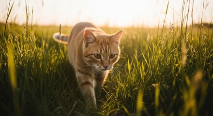 Orange Tabby Cat Walking Through Tall Green Grass at Sunset