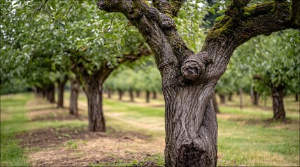 Close up of a twisted ancient tree trunk with green leaves and orchard background.