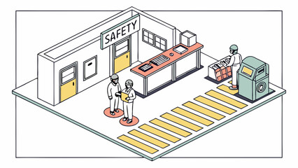 Minimalist Vector Illustration of Safe Access Point with Safety Sign and Personnel in a Modern Industrial Setting for Safety Awareness and Workplace Compliance
