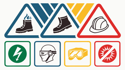 Minimalist Vector Icon Set Depicting Safety and Work Environment Symbols for Industrial and Construction Sites with Modern Flat Design Illustrations for Safety Protocols and Hazard Warnings