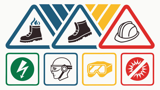 Minimalist Vector Icon Set Depicting Safety and Work Environment Symbols for Industrial and Construction Sites with Modern Flat Design Illustrations for Safety Protocols and Hazard Warnings