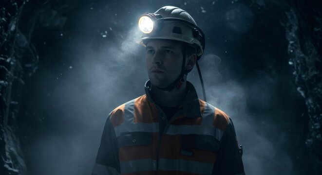 Young male miner with a headlamp on his helmet stands in a dark underground mine. Professional worker engaged in mineral extraction concept.