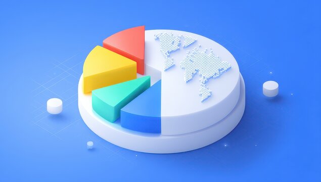 3D pie chart with world map, divided into colorful segments on a blue background