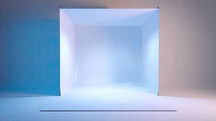 Empty white studio space, lit by soft blue light