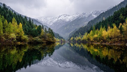 Fototapeta premium Autumnal mountain lake, mirrored reflection