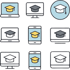 online education icon set with graduation caps on computer smartphone and laptop screens