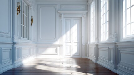 Sunlit, elegant, white hallway with classic moldings