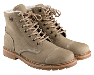 Vintage style winter boots with buttoned flap, suede material, beige color, lace up design, rugged sole, and cozy lining for cold weather comfort