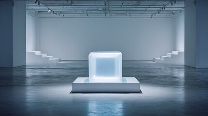 Empty white cube pedestal, lit from within, in a modern gallery