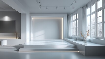 Empty white room, sunlit, modern design