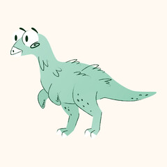 Fototapeta premium A cartoon dinosaur with a light blue body and a friendly expression. He has small hands, a long tail and a playful pose. Vector illustration