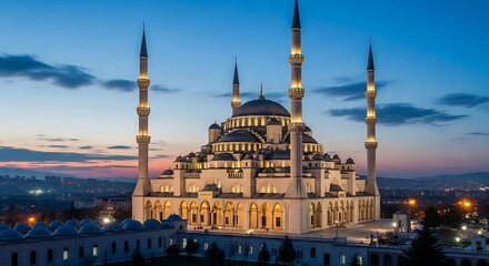 Fototapeta premium Majestic mosque illuminated at dusk with vibrant city lights below and serene blue sky
