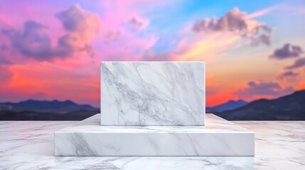 A white marble pedestal with a square base sits on a marble floor against a sunset backdrop.
