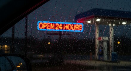 Rain-streaked window view of 24-hour gas station sign.