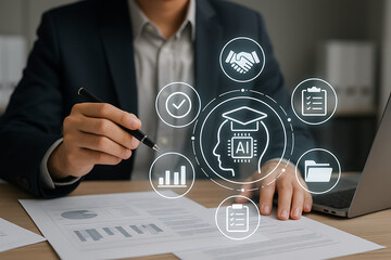 Executive discussing artificial intelligence education model with business icons for performance chart planning and report folder in modern office