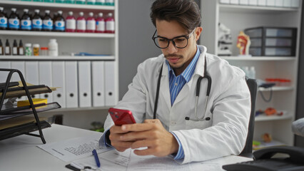 Young man in clinic checking phone with stethoscope on neck surrounded by medical files and...