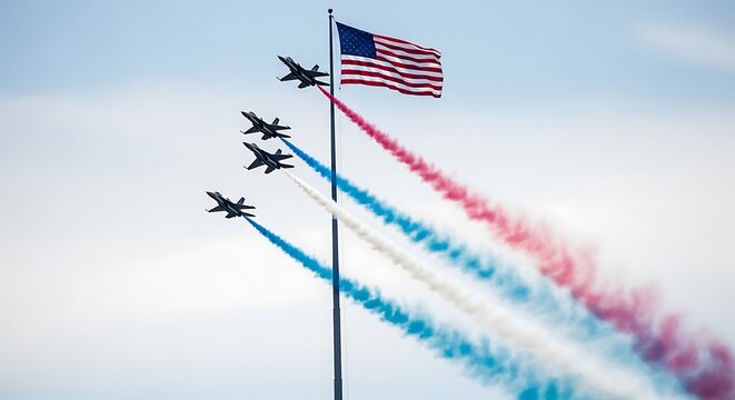 Spectacular jet formation flies in formation, trailing red, white, and blue smoke near American flag