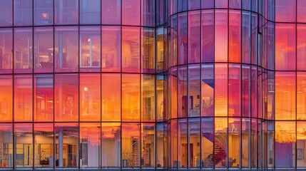 Modern glass skyscraper facade reflecting sunset hues. Windows show interiors lit by natural light