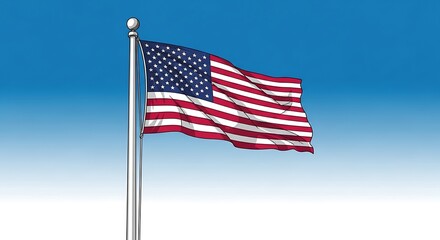Waving American flag against a clear blue sky, symbolizing freedom and patriotism.